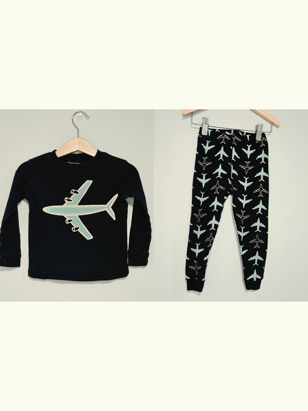 Kids Navy Plane Pajama Set with Mint Airplane Motif. Soft Cotton.